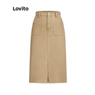 Lovito Casual Plain Split Pocket A-line Women Denim Skirt L45ED079
