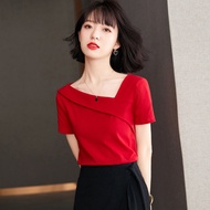 Aiyiyi Short-Sleeved t-Shirt Top Simple Small Shirt S-2XL Women Summer Careful Machine Diagonal Coll