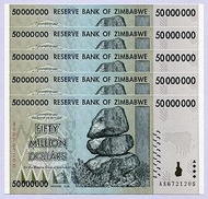 Zimbabwe 50 Million Dollars x 5 2008 UNC, World Inflation Record, Currency Banknotes