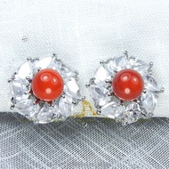珍珠林~7mm阿卡紅珊瑚夾式耳環~精鑲水滴型美鑽(共有墜子與耳環成套)#340+11