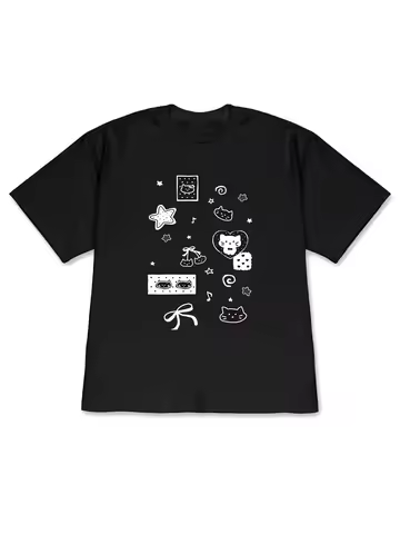 Dot Bow Cat T-shirt Korean Hand Drawn Printed Short Sleeved Shirt Women Round Neck Daily Cute Daily 
