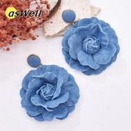 ASWELL Denim Blue Fabric Earrings, Handmade Exaggerate Blue Rose Earrings, Denims Ornament Flower Ea