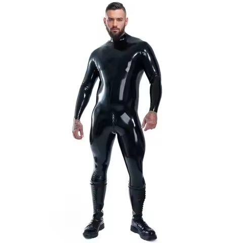 customized latex catsuit men's black latex bodysuit full body coverage high neck front zipper rubber
