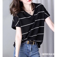 Plus Size  大码女装 胖mm300斤大码时尚v领条纹上衣宽松240百搭休闲短袖T恤女