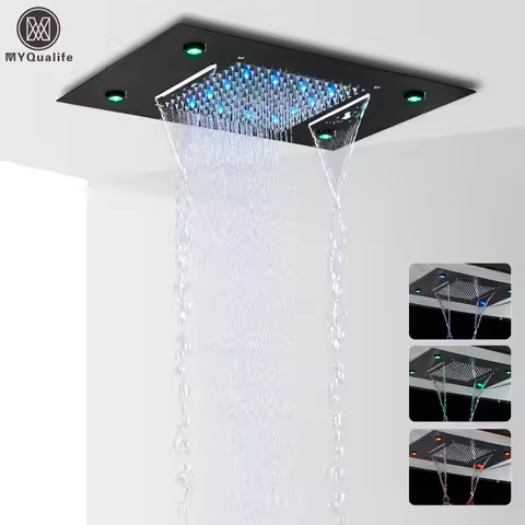 Black LED Rain Waterfall Shower Head Remote Control LED Colors Ceiling Mounted Shower Head 50*35CM S