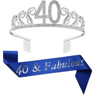 40th Brithday Silver Tiara and Sash, Glitter Satin"40 & Fabulous" Sash and Rhinestone Birthday Crown