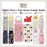 1000ml Stainless Steel Floral Tumbler Bottle Straw Cute Flower Thermos Insulated Cup Tahan Sejuk Ter
