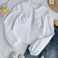 Women's Elegant Embroidery Single-Breasted Dolly Collar Lantern Sleeve Blouse, Autumn