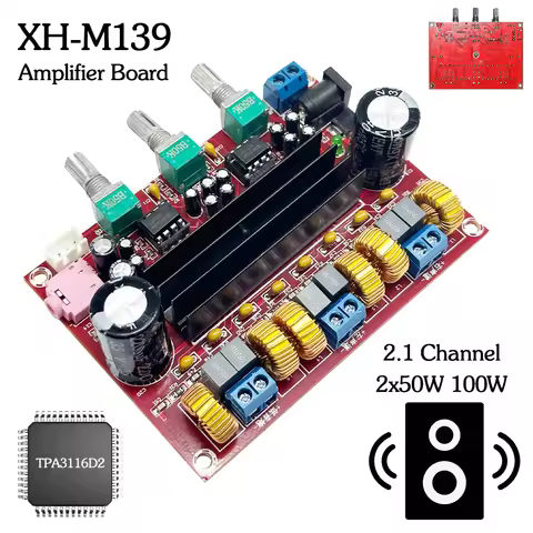 XH-M139 TPA3116D2 2x50W 100W 2.1 Channel Digital Amplifier Board DC 12-24V Energy Saving Digital Sub