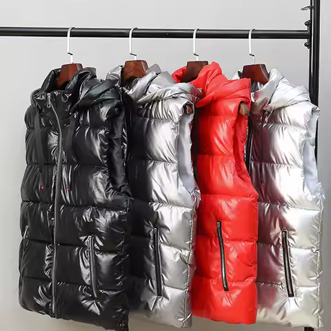 Mens Vest Jacket Winter Autumn Warm Sleeveless Jackets Male Fashion Bright Waistcoat Vest Couple Hoo