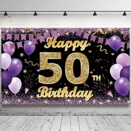 50th Birthday Decorations Backdrop Banner, Happy 50th Birthday Decorations for Her, Gold Purple 50 B