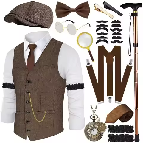 1920s Men's Costume and Accessories Set Roaring 20s WaistCoat Suspenders Hat Pocket Watch Tie 1920s 