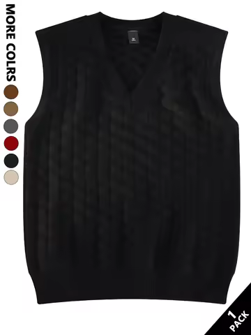 Men's Solid Color V-Neck Knit Vest Sweater, Lazy and Fresh Retro Style, Skin-Friendly Feel, Suitable