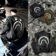 TOP Bape Bomber Jacket Shark Embroidery Red Leather Strap Shrugged Sleeves Bare Buckle Orange Filled