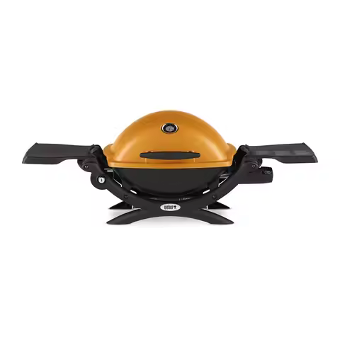 Q1200 Liquid Propane Portable Gas Grill, Orange 1Burner Travel and Camping Grill with CastIron Grate