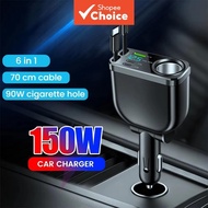 150W Car Charger With 70CM Retractable Dual Type C Cable Fast Charging 6-in-1 Car Phone Charger for 