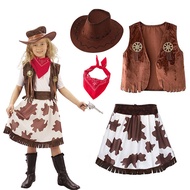 Kids Girls Cowgirl Cosplay Outfit Fringe Vest Cow Print Skirt with Hat Bandana Western Stage Costume