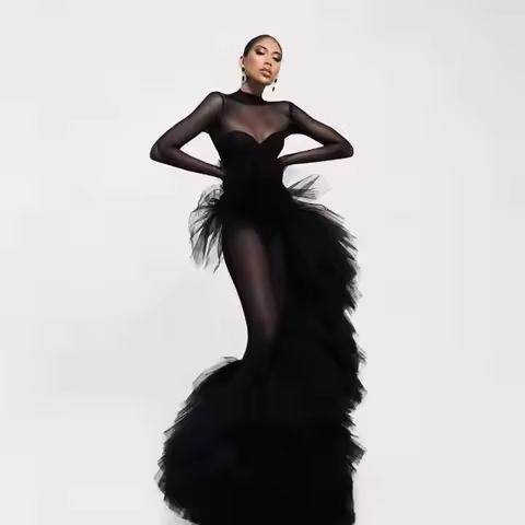 Black See-Through Mermaid Formal Dress Asymmetrical Ruffles Trimmed Stage Show Eye Catching Gown for