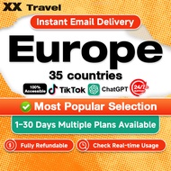Europe Esim + Call/SMS Esim Europe 3-30 Days 3-60GB Esim Europe for 35 Countries