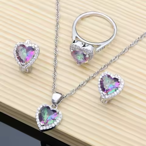 Heart Mystic Rainbow Zircon 925 Sterling Silver Jewelry Set For Women Wedding Accessories Earrings/P