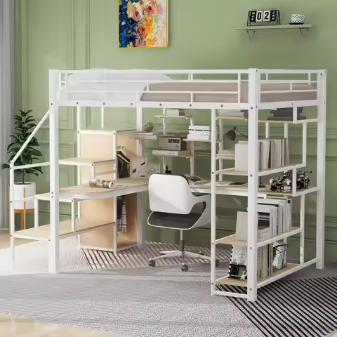 Bellemave Full Size Loft Bed, Metal Loft Bed with Desk, Full Size Loft Bed with Storage Staircase an