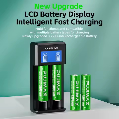 PUJIMAX Multi-Function LCD Display Battery Charger for 18650 26650 21700 18350 AA AAA 3.7V/1.5V/1.2V