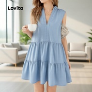 (NEW) Lovito Casual Dress Pleated Tiered Layer Commute Spring/summer Blue Dress for Women LK3ED603 L