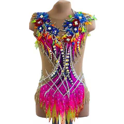 Girls Sleeveless Rhythmic Gymnastics Leotards Child Rhinestone Dress Costume Competition Gymnastics 
