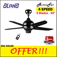 Alpha AX838/42 Remote Ceiling Fan 42 inch AF838/42 4 speed (black) 5 Blade Kipas Siling AX838