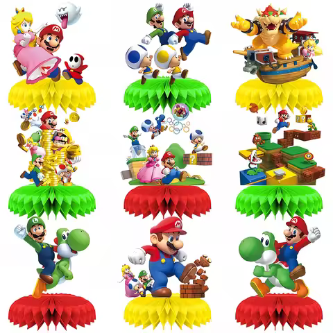 9Pcs Super Mario Honeycomb Table Centerpieces Cartoon Mario Bros Theme Party Decorations for Birthda