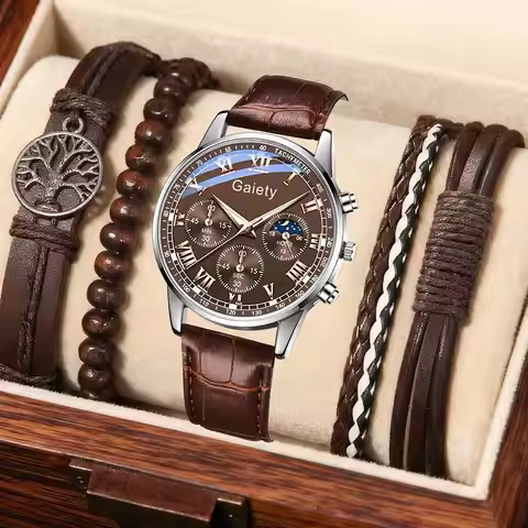 5PCS/Set Men's Quartz Wrist Watches PU Leather Minimalist Luxury Vintage Elegant Jewelry Y2K Vacatio
