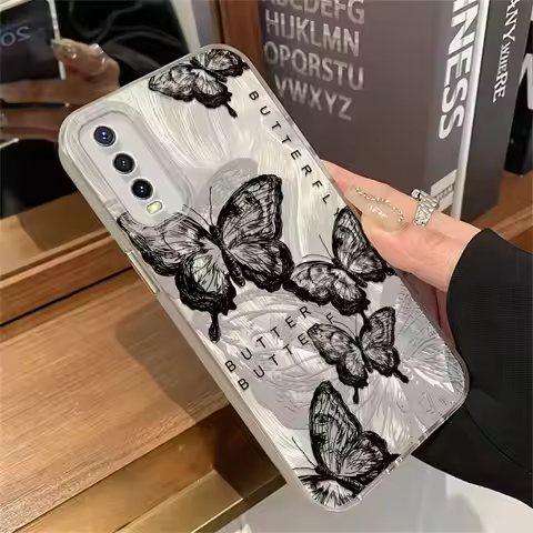 IMD Case For Vivo Y50 Y36 Y35 Y33 Y31 Y30 Y28 Y27 Y22 Y21 Y20 Elegant Black Butterfly Pattern Feathe