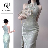 U Gonna S Women Dress Long Cheongsam Modern Green Plus Size Sleeveless Sexy Chinese Collar Fashion E