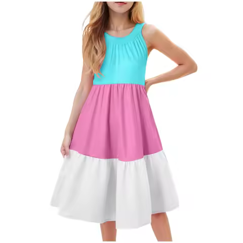 Teen Girls' Dresses Summer Color Block Sleeveless A-Line Dress For 6-15 Years Teen Girl Holiday Part