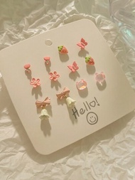 12 件裝鋅合金鈴鐺小粉色蝴蝶結耳環套裝女式女孩派對禮品陶瓷配件