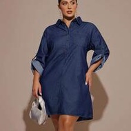 Plus Size Denim Dress, Long Sleeve Slim Fit Shirt Style, Blue Summer,Vacation Outfits Woman,Easter,S