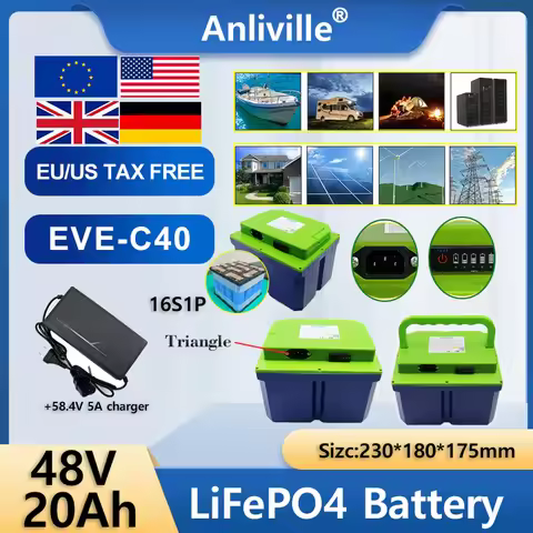 New 48V 20Ah LiFePO4 battery pack Portable waterproof C40 Built-in BMS, For E-tool motorcycle Campin