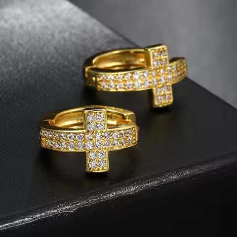 Hip Hop Men's Cross Earrings Iced Out Zircon Piercing Earing Personality Fashion Rapper Jewelry on E