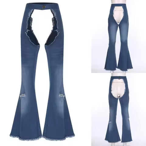 Womens Cowgirl Riding Hippies Cosplay Performance Chaps Pants Hollow-out Crotch Denim Jeans for Carn