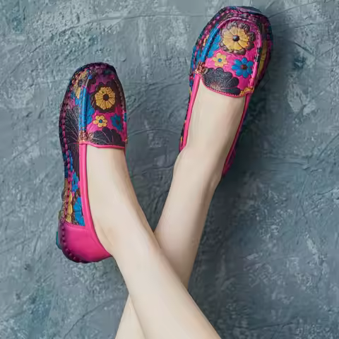 2cm Natural Cow Genuine Leather Mixed Color Soft Soled Loafer Ethnic Moccasins Native Flats Shoes Wo