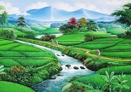 Lukisan Poster Modern Cetak Big Jumbo Foto Pemandangan Alam Sawah danau & Pegunungan 100x70cm 150x10