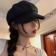 Beret cap woman Black Peaked Beret Female Face Small Octagonal Hat Big Head Circumference Painter Ha