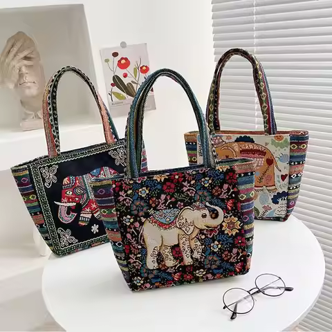 1Pcs Animal Ethnic Style Handbag Trendy Embroidery Elephant Peacock Handbag Rabbit Canvas Tote Bag S