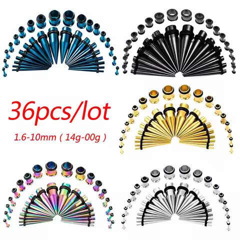 36PCS/Lot 14G-00G Stainless Steel Ear Gauges Stretching Kit Tapers Plugs Eyelets Ear Tapers and Plug