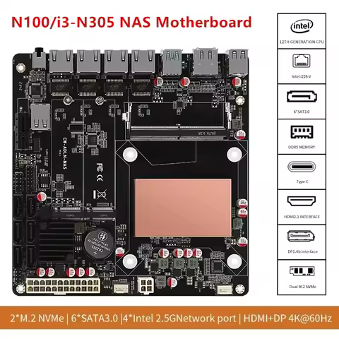 Intel N150 N100 6-Bay NAS Motherboard 4x i226-V 2.5G LANs 2*NVMe 6*SATA3.0 DDR5 Firewall Mini ITX Ma