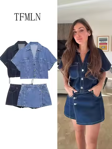 2 Piece Women Denim Outfits 2026 Causal Short Sleeve Button Down Shirt Slim Short Set Casual Jean Tr