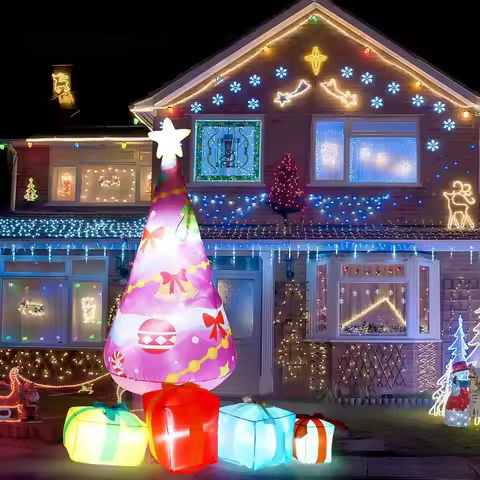 TWISTER.CK 7FT Christmas Inflatables Outdoor – Giant Pink Blow Up Christmas Tree with Built-in LEDs 