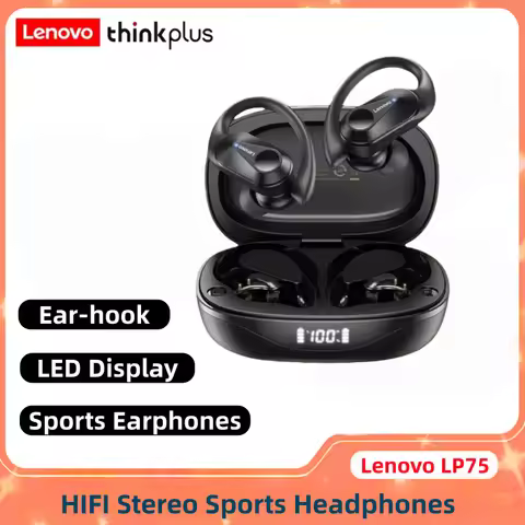 Lenovo LP75 Earhooks Sports Wireless Earbuds with Mics,Button Control, LED Power Display,Hifi Stereo