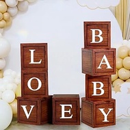 Dunzoom 8 Pcs Wood Grain Balloon Boxes Brown Baby Balloon Block Boxes 99 Pcs Letters 20 Pcs Numbers 
