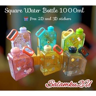 Square Water Bottle 1000ml with 2D and 3D Stickers/Sport Water Bottle/Square Transparent Drinking Wa